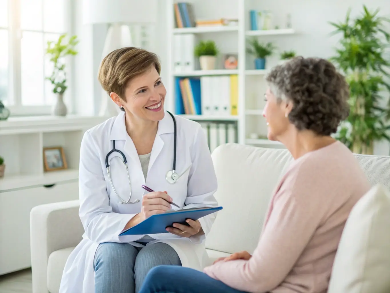 A professional consultation scene with a doctor explaining treatment options to a patient in a private clinic room, emphasizing the genital and vaginal rejuvenation services provided by Dr. Farcas Alexandra.