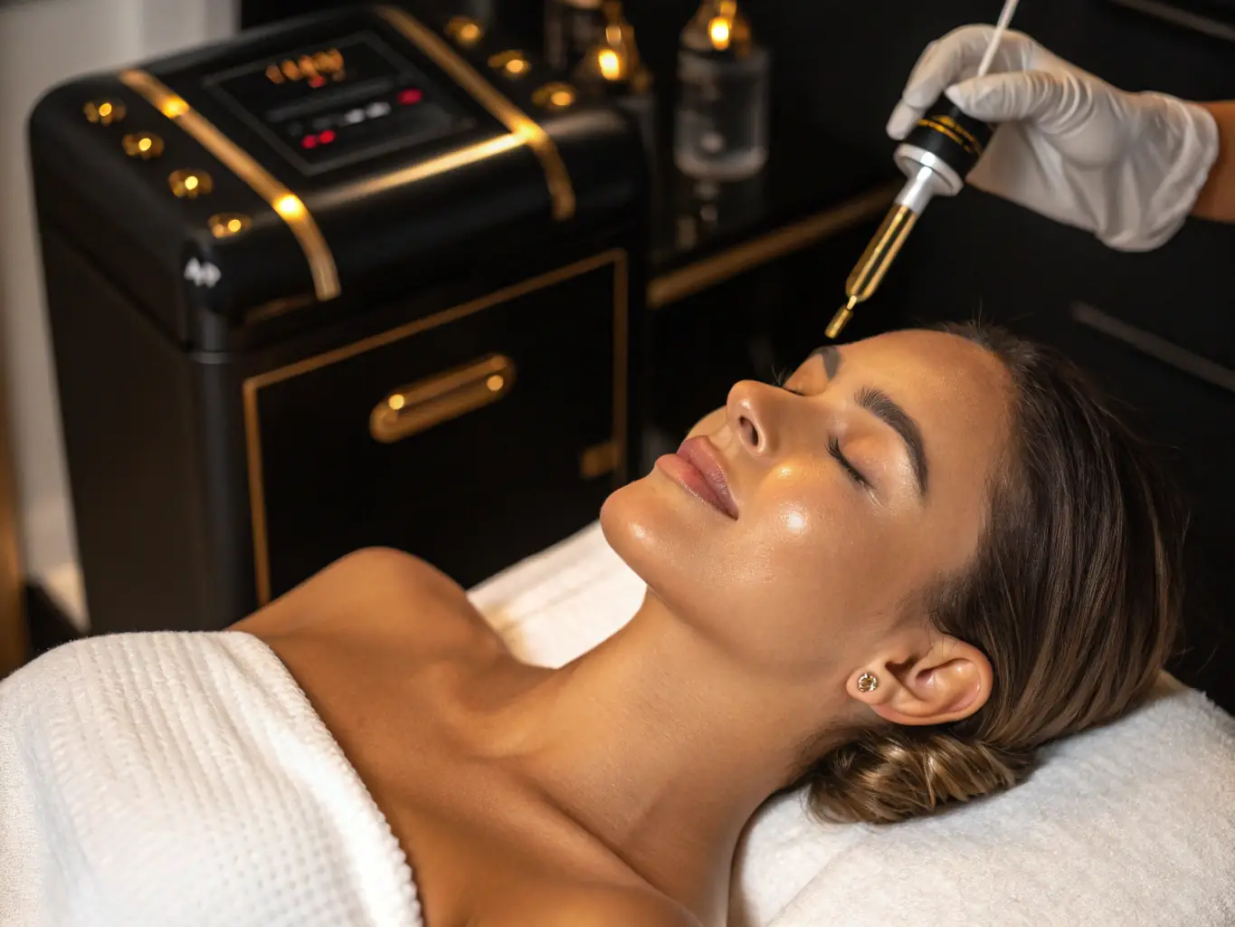 An image showcasing a patient receiving a facial treatment in a modern, elegant clinic setting, highlighting the aesthetic and anti-aging treatments offered by Dr. Farcas Alexandra.